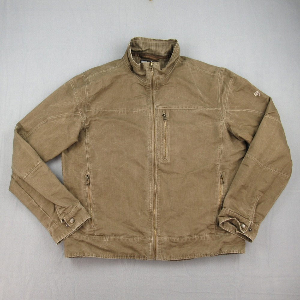 KUHL Burr Jacket Mens XL Khaki Brown Full Zip Waxed Cotton Canvas Lined 1052
